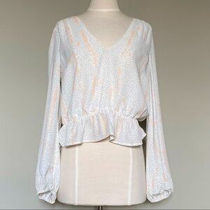 Harper Wren White Blush Dot Holland Peplum Long Sleeve Top, Large